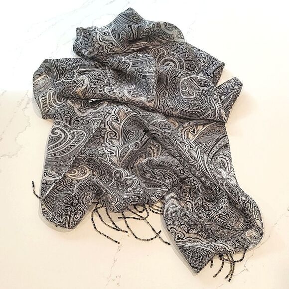 Bellissima Accessories Silk Black & White Paisley Scarf with Beaded Fringe - Picture 8 of 8